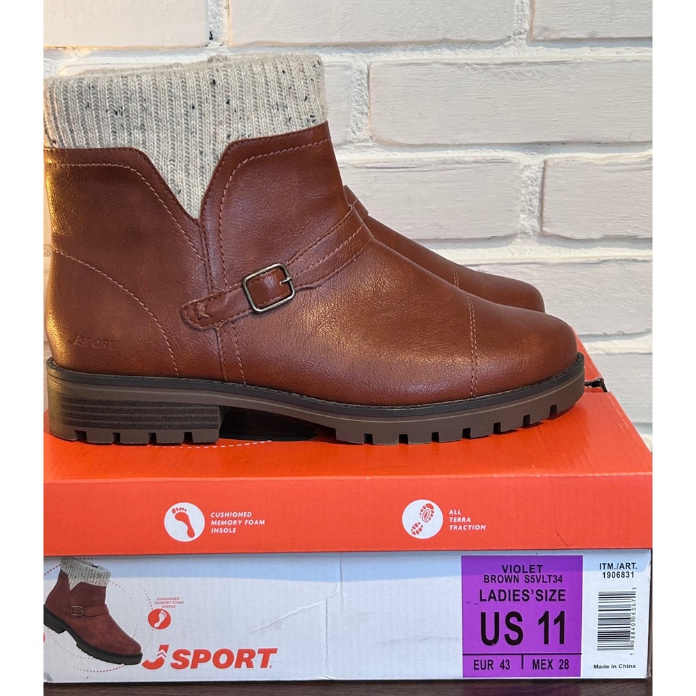NWT J Sport Violet Brown Ankle Boots Women 11 Sweater Cuff Memory Foam Fall Cozy